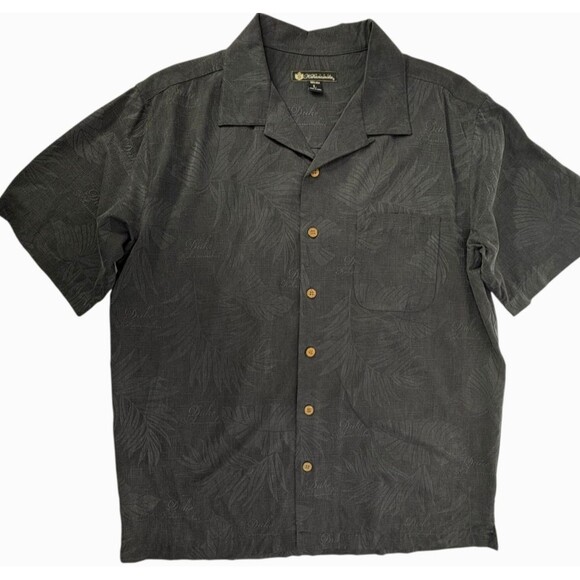 Duke Kahanamoku 100% Silk Shirt Hawaiian Black Tonal Embossed Palms Cabana LARGE - Picture 1 of 16